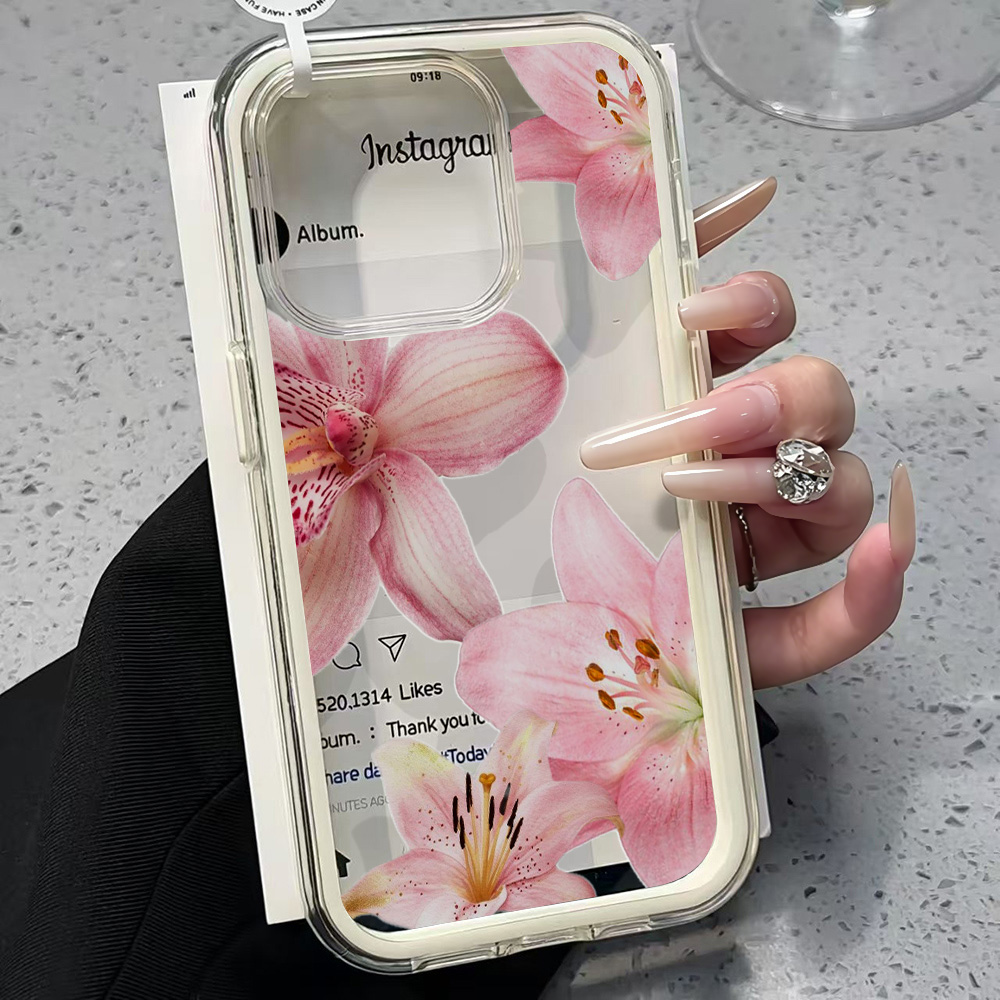 Clear Shockproof Bumper Case - เคสโทรศัพท์ใสลายดอกลิลลี่สีชมพูสำหรับ iPhone 17 11 12 14